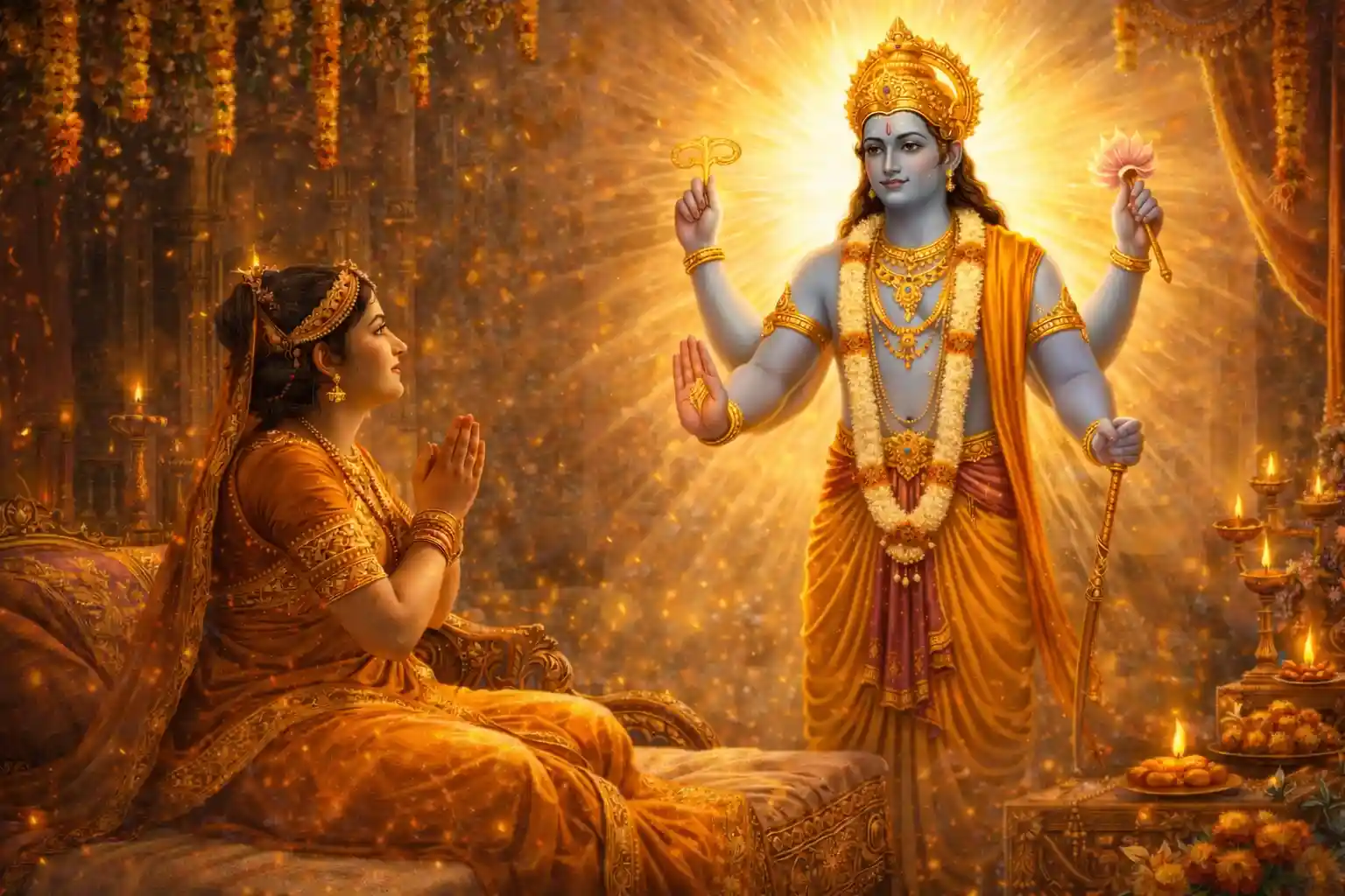 According to the narrative, Lord Ram did not first appear as a helpless infant. Instead, he manifested in his divine four-armed form before Queen Kaushalya.
