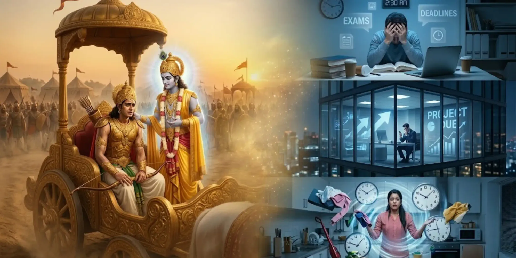 Split scene: Smiliarity between modern day life and Aurjun's turmoil in war of Mahabharat