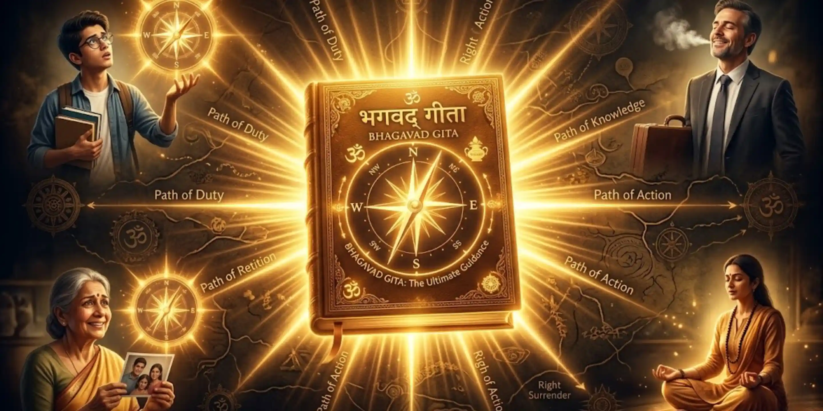 Glowing Bhagavad Gita radiating paths of duty, knowledge, action, and devotion.