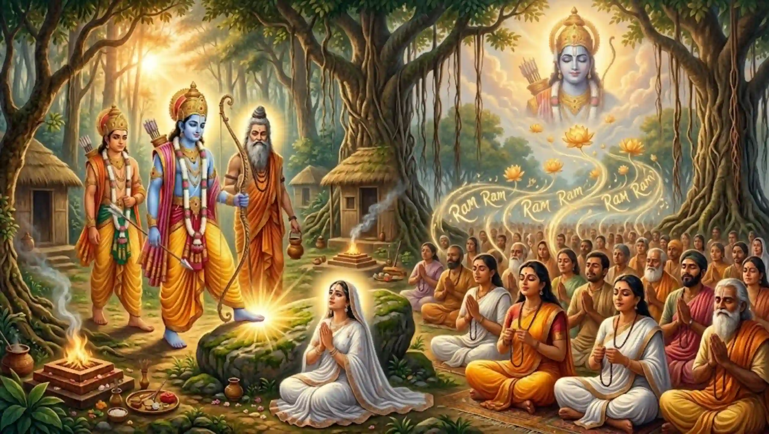 Split scene; depicting Ahaliya story and significance of Ram NAAM