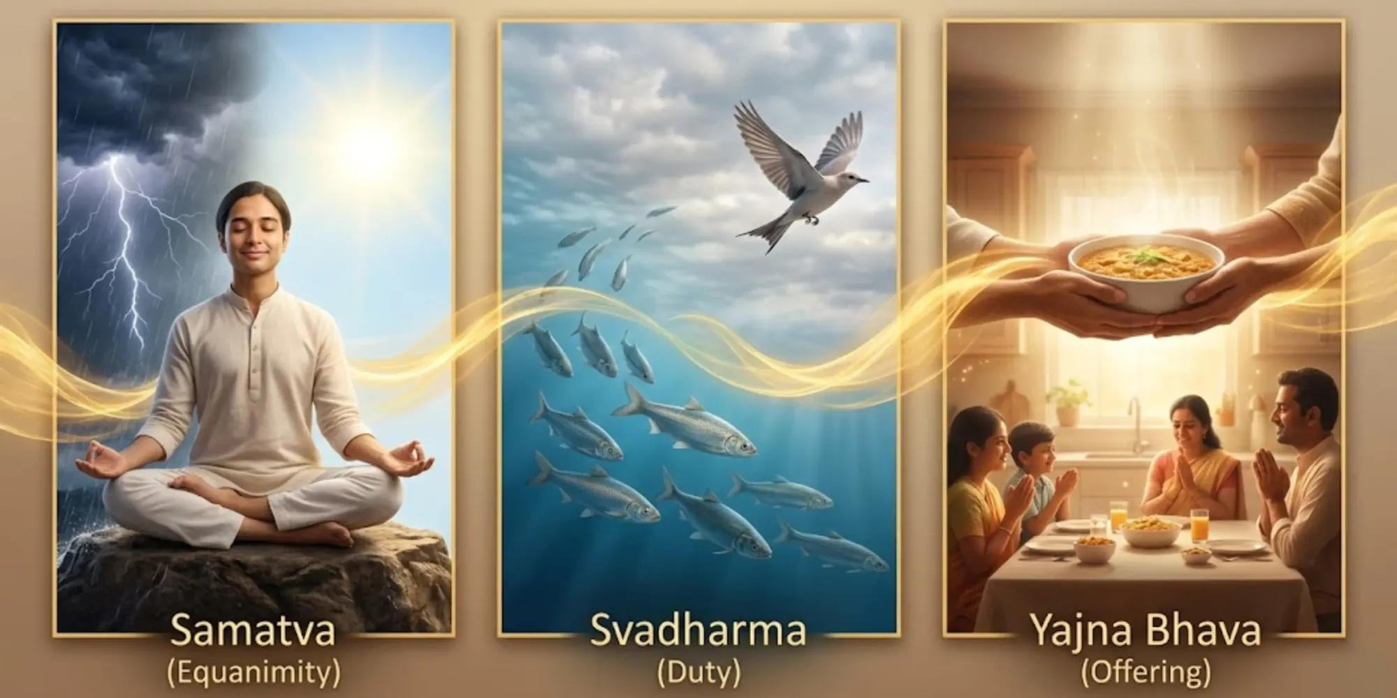 Meditation, nature balance, and family meal symbolizing Gita principles.