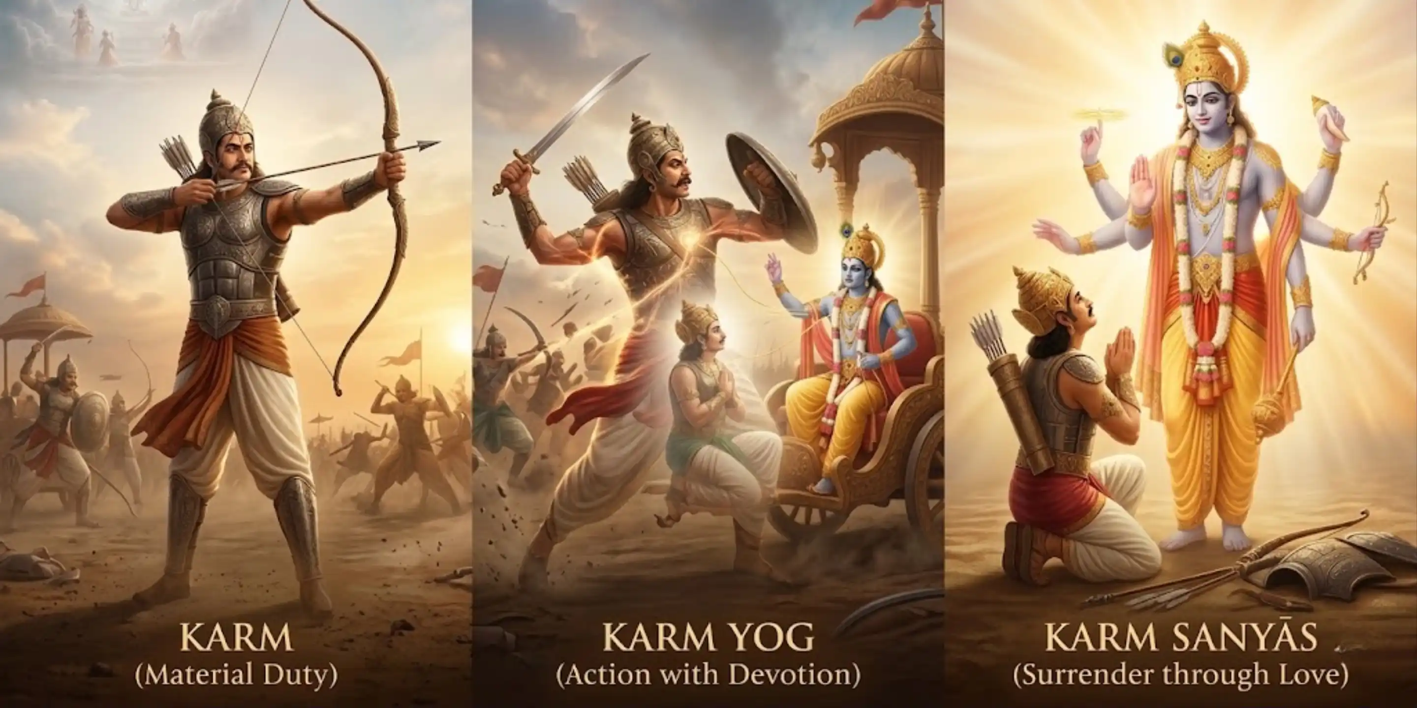 Arjuna guided by Krishna through karma, karma yoga, and surrender.