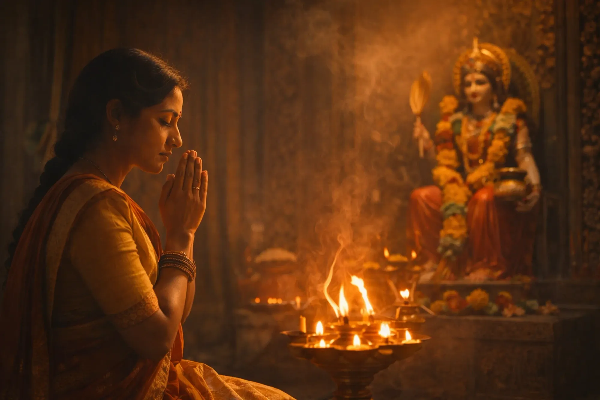 Woman praying before Sheetala Mata idol during Sheetal Ashatami.