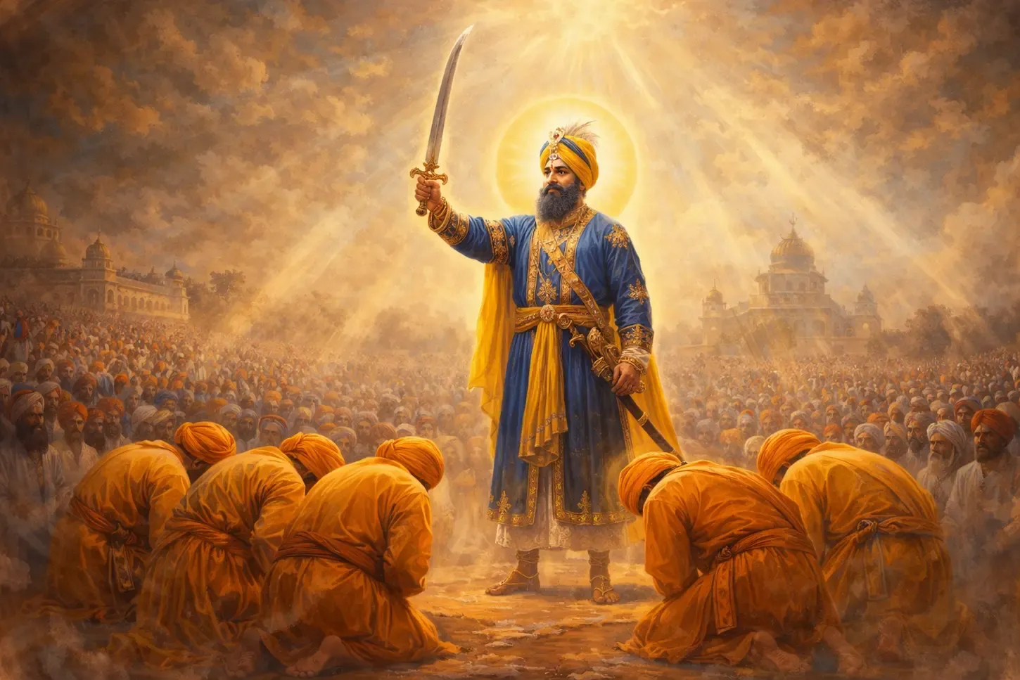 Guru Gobind Singh Ji founding the Khalsa Panth with the Panj Pyaare at Anandpur Sahib on Baisakhi 1699