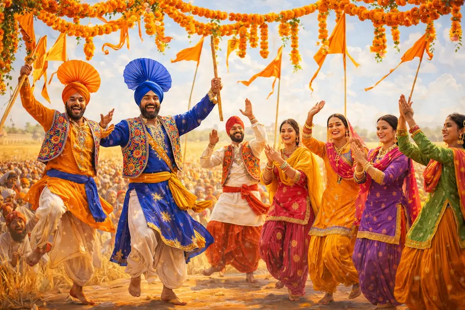Punjabi men and women performing traditional Bhangra and Gidda folk dances with marigold decorations and saffron flags during Baisakhi.