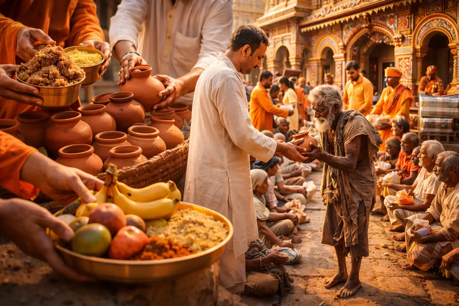 Devotees distributing food and clay water pots to people outside temple during Mesha Sankranti