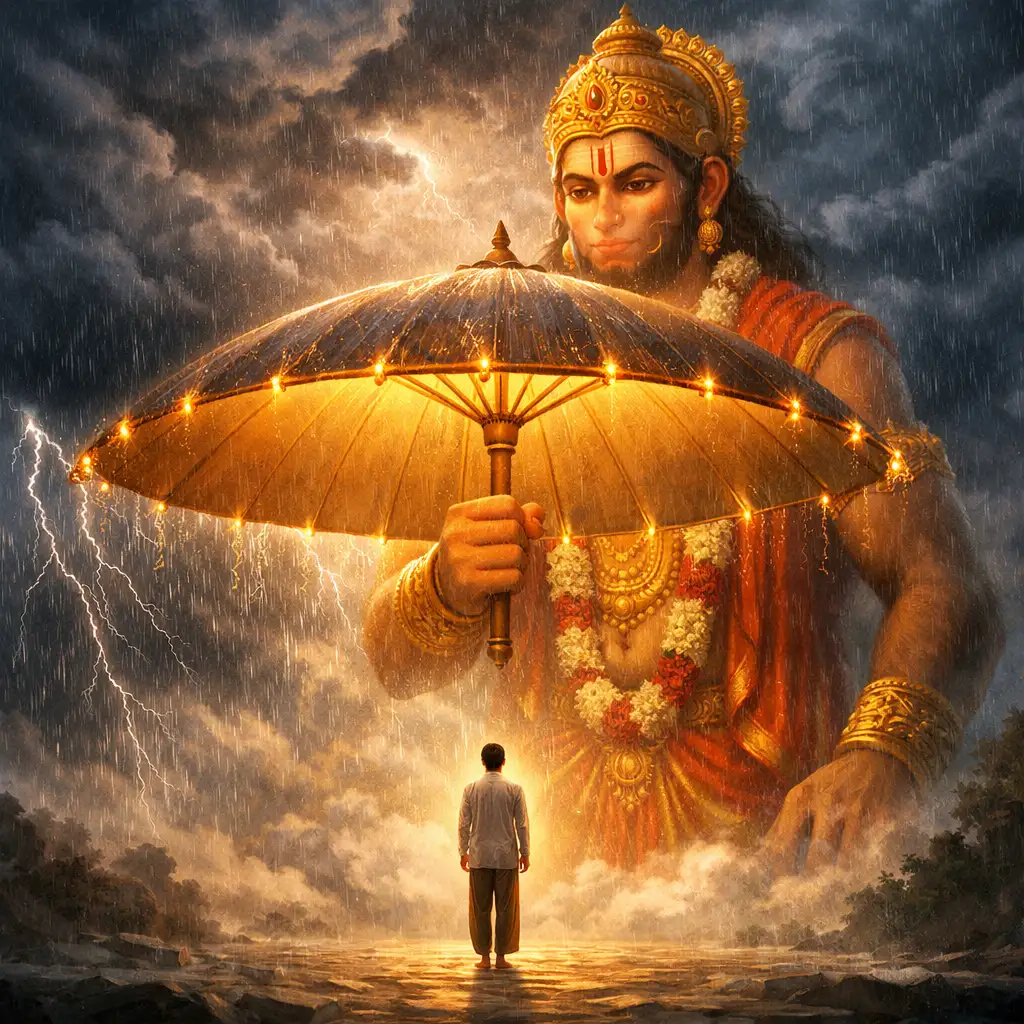 Artistic square illustration of a towering, benevolent Hanuman holding a glowing umbrella over a peaceful person, shielding them from a dark thunderstorm