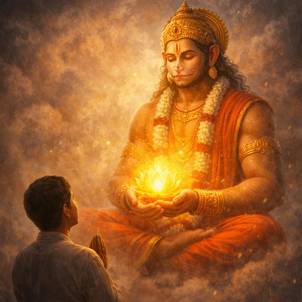 Square devotional illustration of Lord Hanuman seated in meditation holding a glowing golden lotus, with a devotee in the foreground folding hands in pray