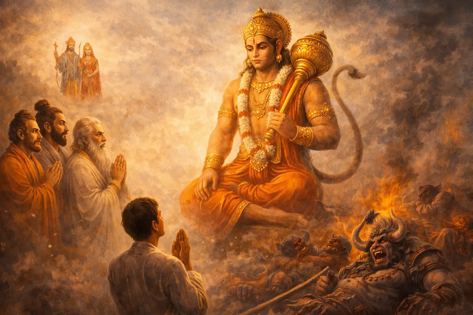 devotional illustration of Lord Hanuman seated with a mace, protecting praying saints on one side while defeating demons on the other,