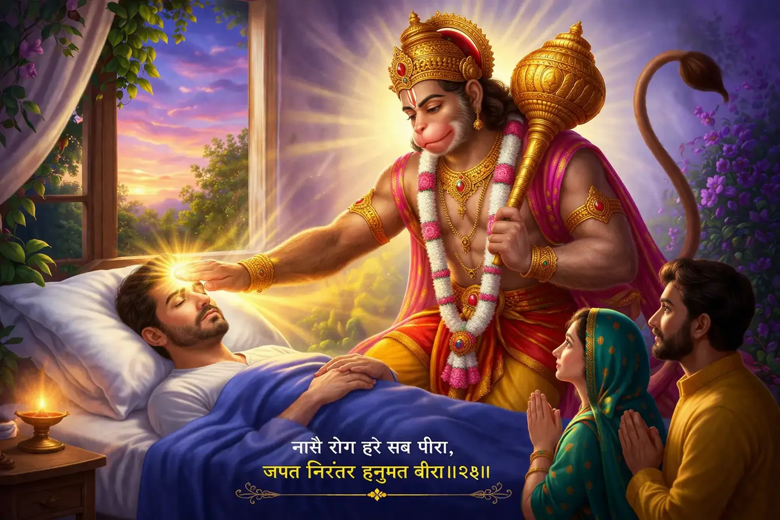 Hanuman blessing a sick devotee with healing light while family members pray beside the bed.