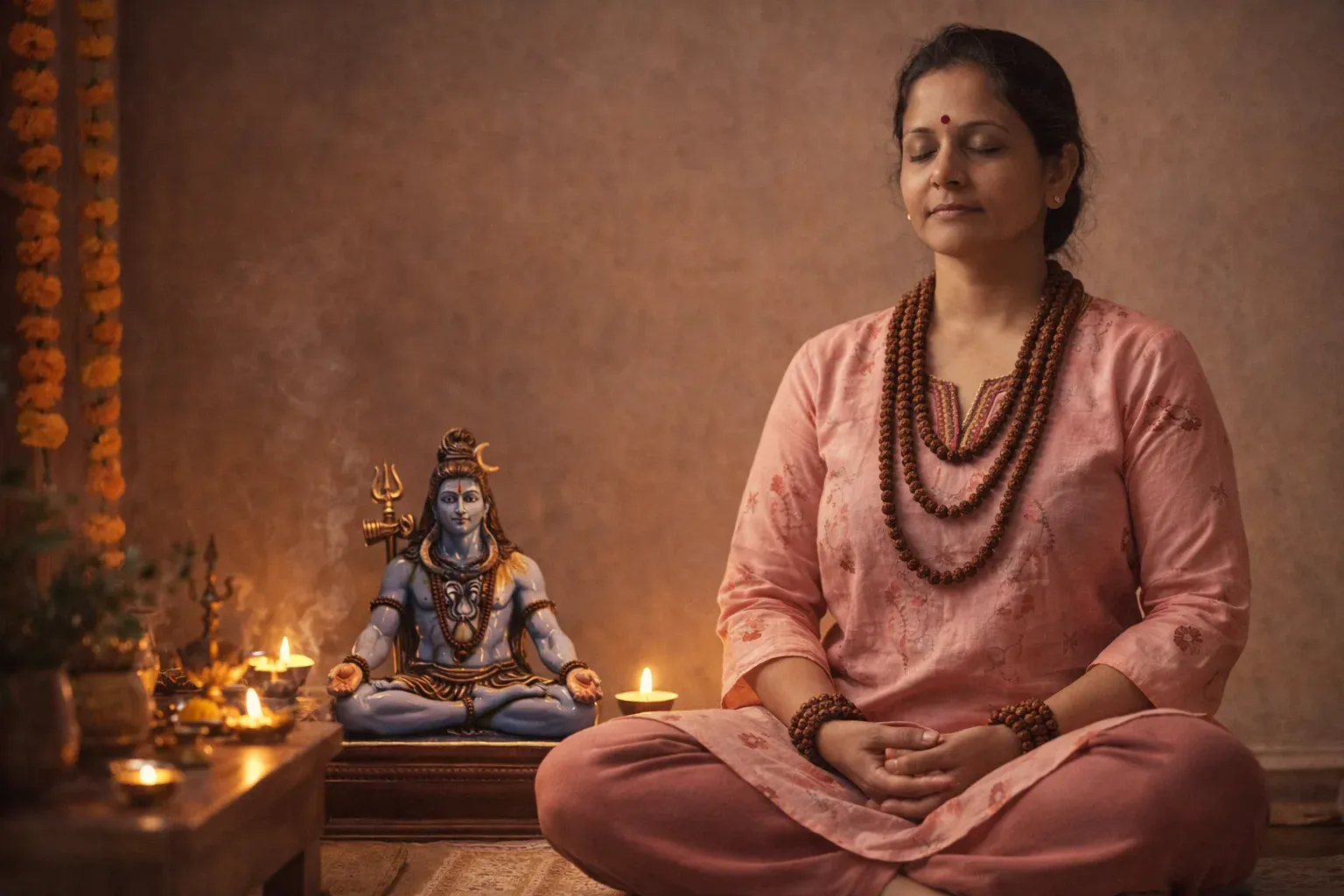 An Indian woman sitting in a pink kurti meditating next to a Lord Shiva murti in her meditation room