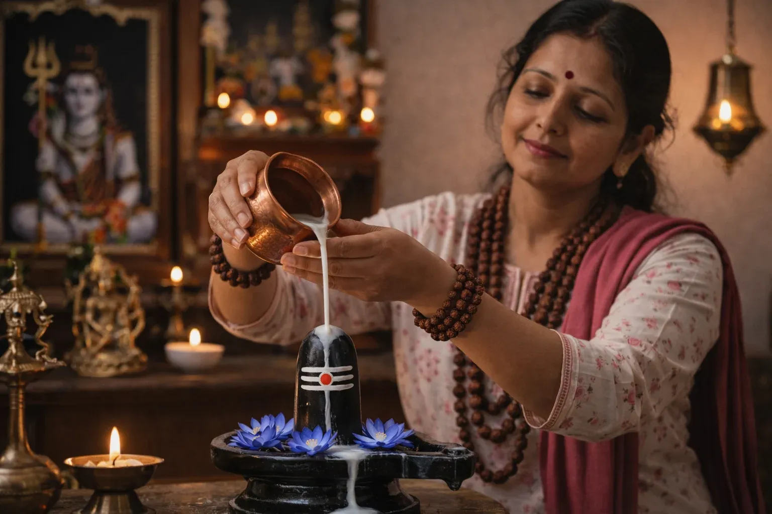 An Indian woman doing abhishek of Shiva Linga alongside blue lotus flowers, with milk in her temple room