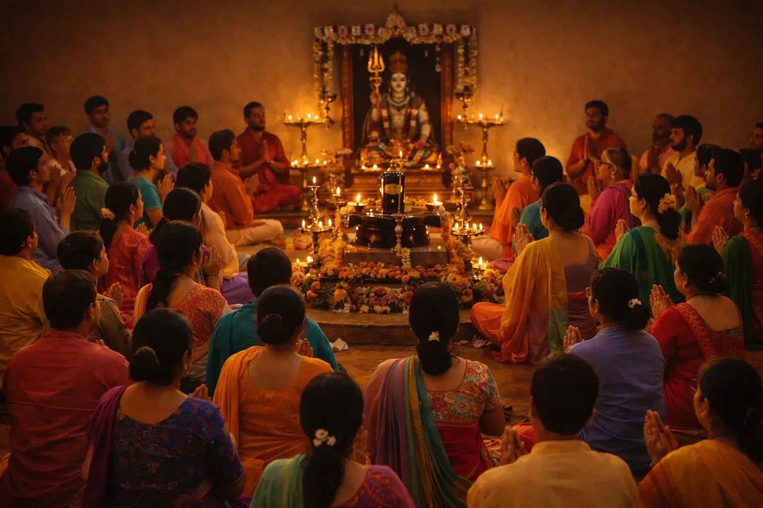 A group of devotees sitting around a Shiva Linga statue praying in a temple