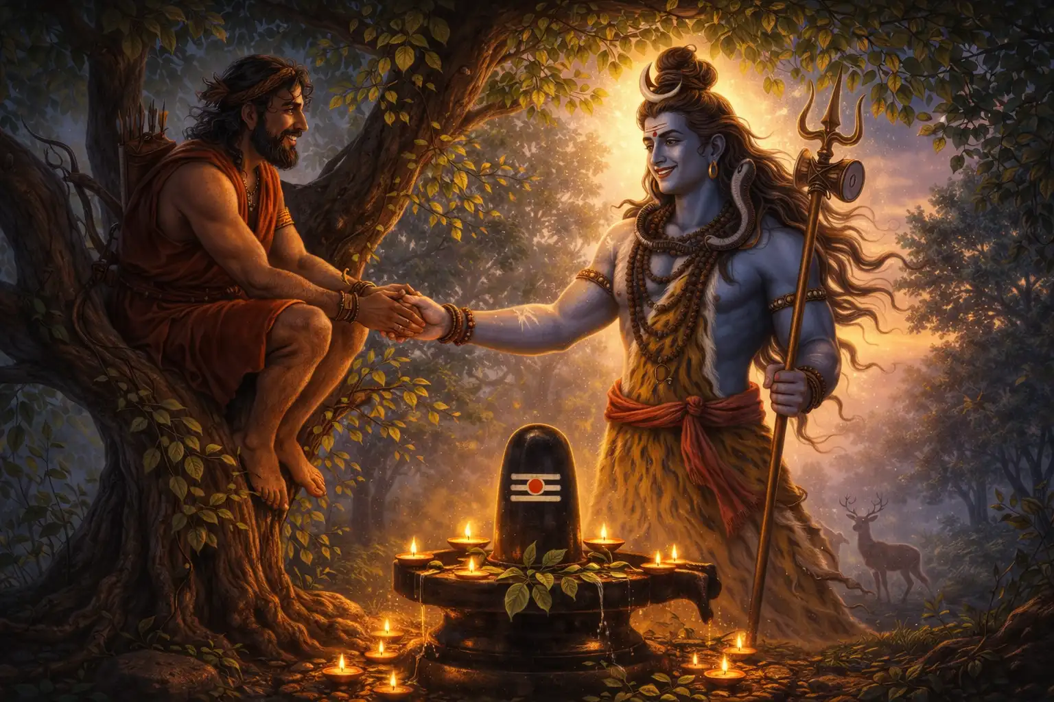 A hunter taking shelter in a tree sees Lord Shiva manifests from the Basil leaves tree and blesses him for keeping a fast and steady devotion in the forest