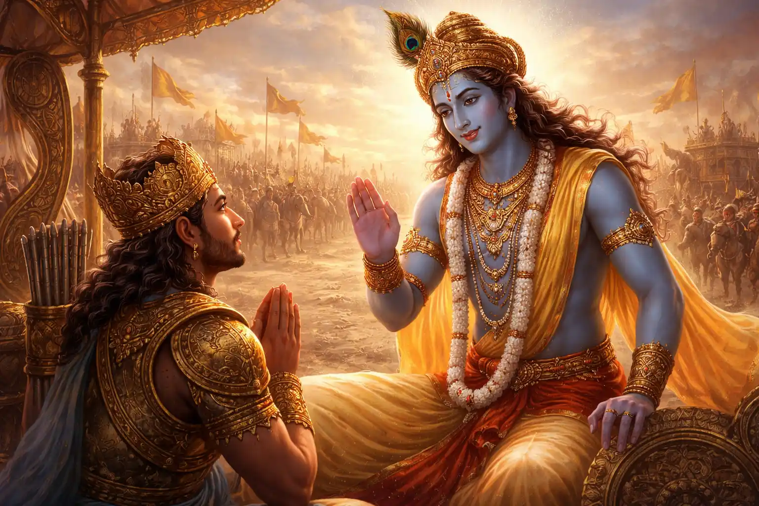 Lord Krishna advising Arjun on the chariot in the middle of the battlefield at Kurukshetra