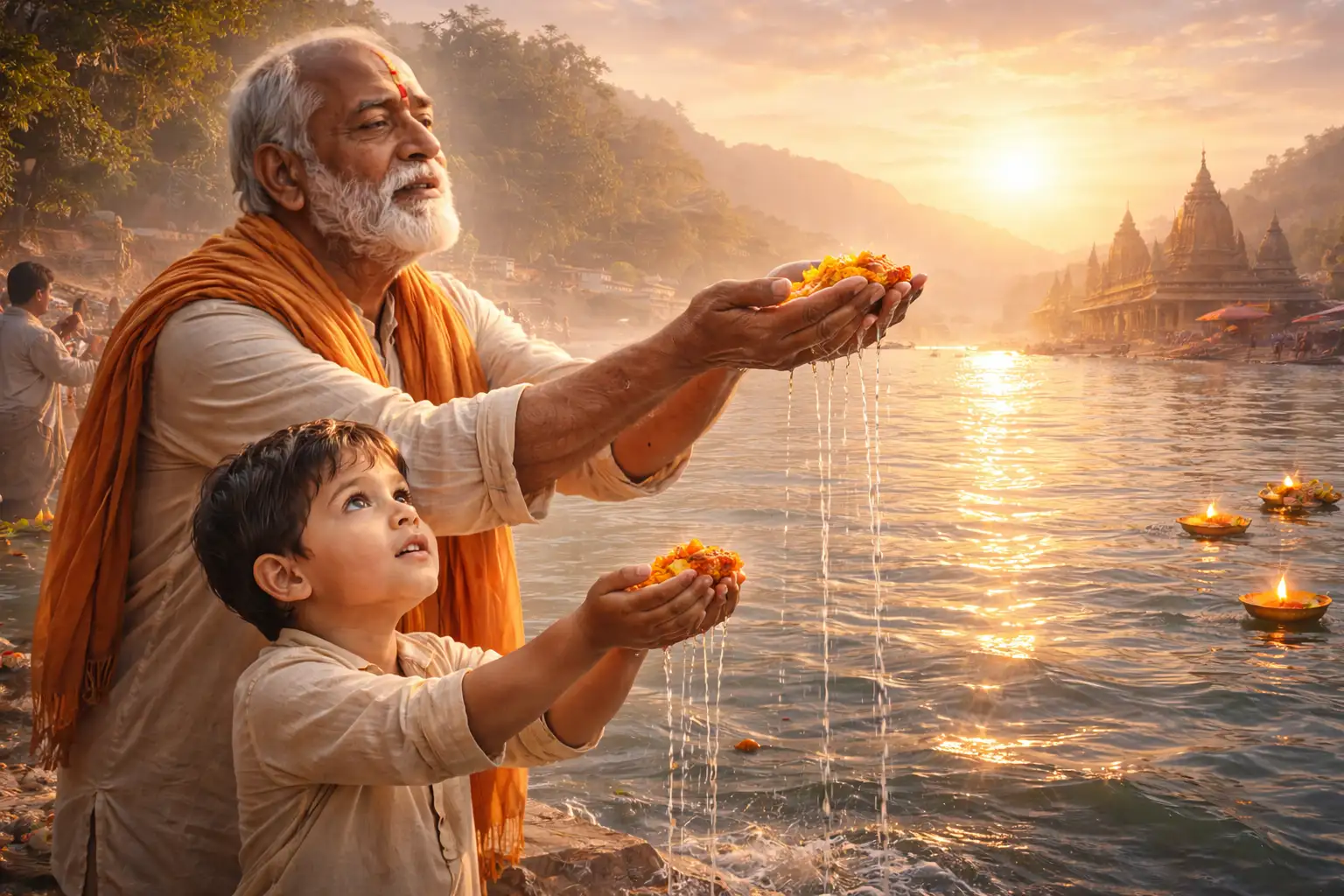 An Indian man and boy standing in the Ganges and holding flowers, seeking to purify themselves from the powerful Holy Ganges.