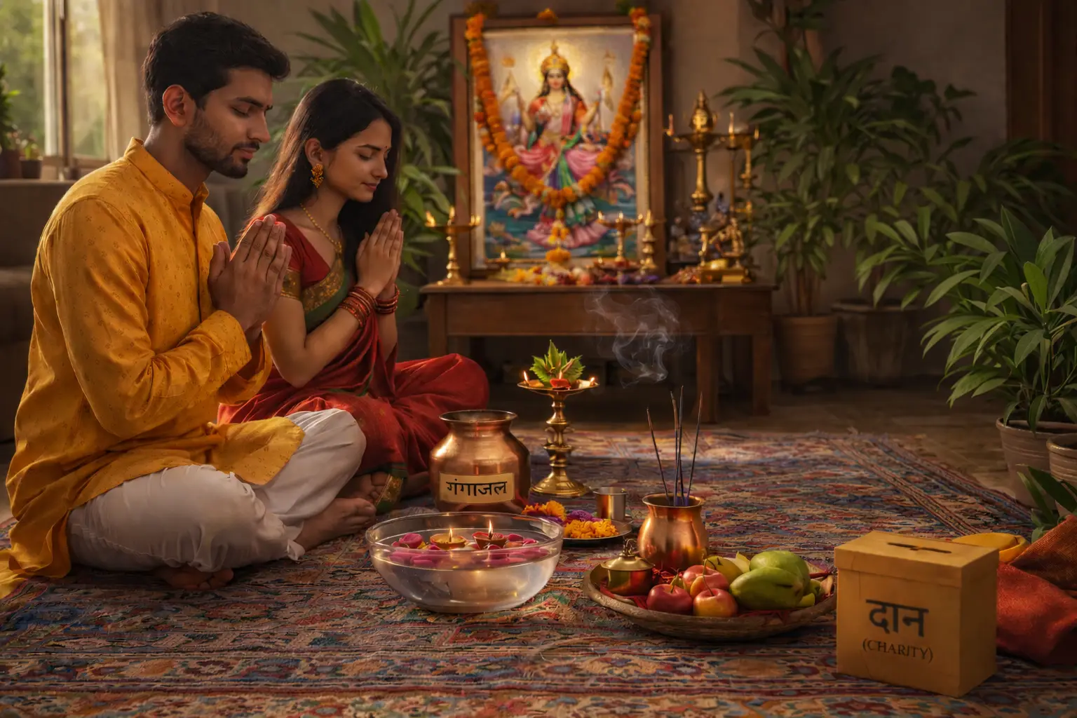 An Indian couple praying to Goddess Ganges with puja, incense, and a thali filled with fruits, along with Ganga jal and charity.