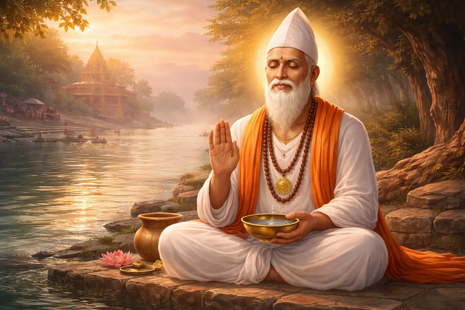 Saint Kabir Dasji sitting along a river with a bowl of water and feeling pure from within.