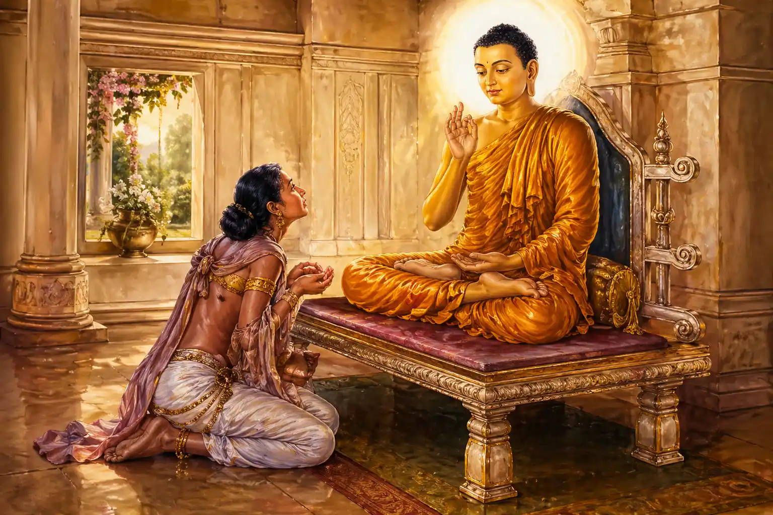 Artistic depiction of Buddha offering guidance to a kneeling woman in a serene temple setting