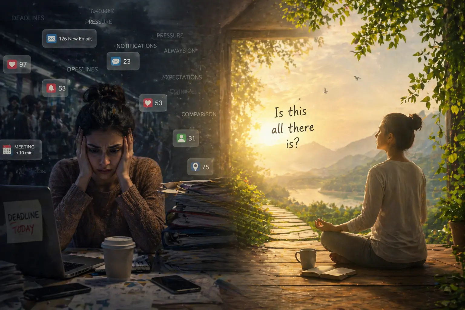 Split scene showing a stressed woman with digital overload and a calm person meditating in nature symbolizing the shift from stress to mindfulness