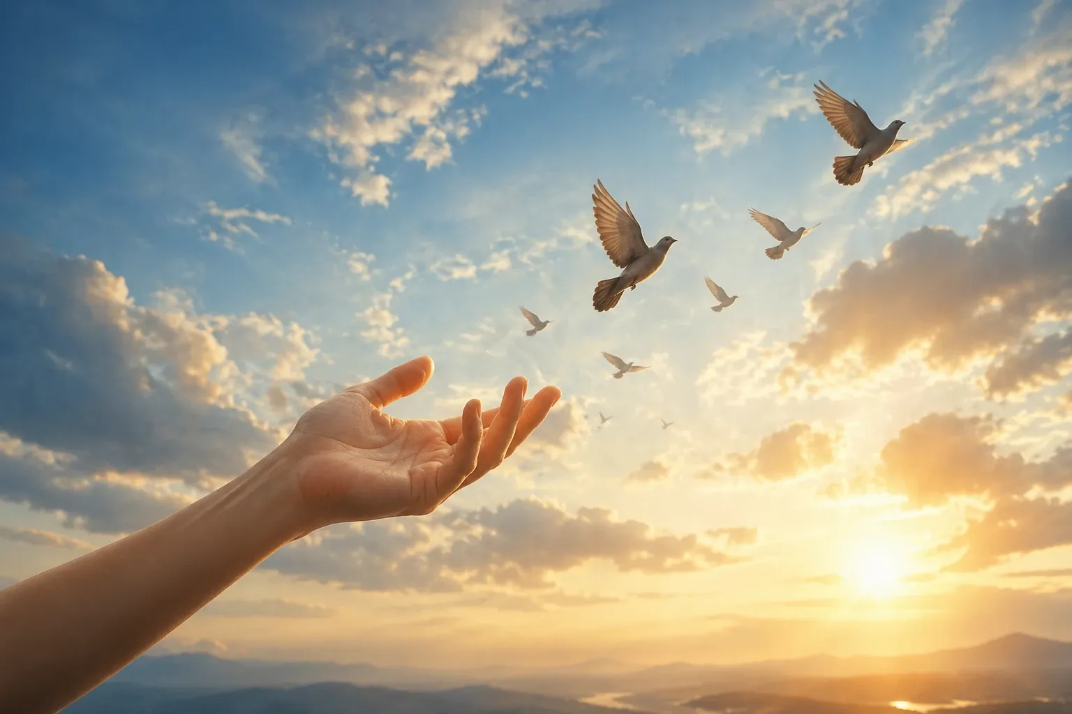  Hand releasing birds into a glowing sky symbolizing freedom, surrender, and non-attachment