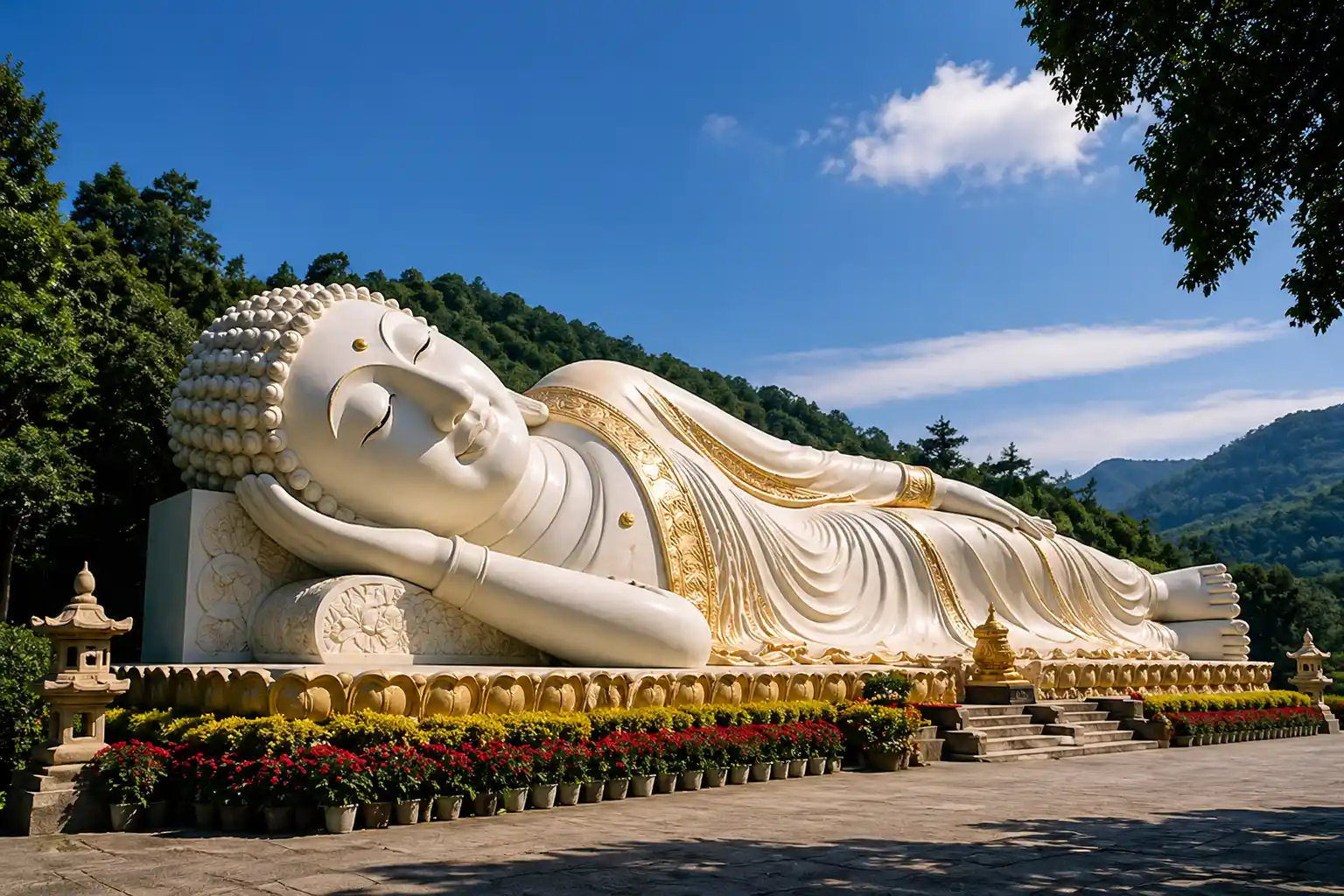  Reclining Buddha statue in a peaceful temple garden surrounded by mountains and greenery