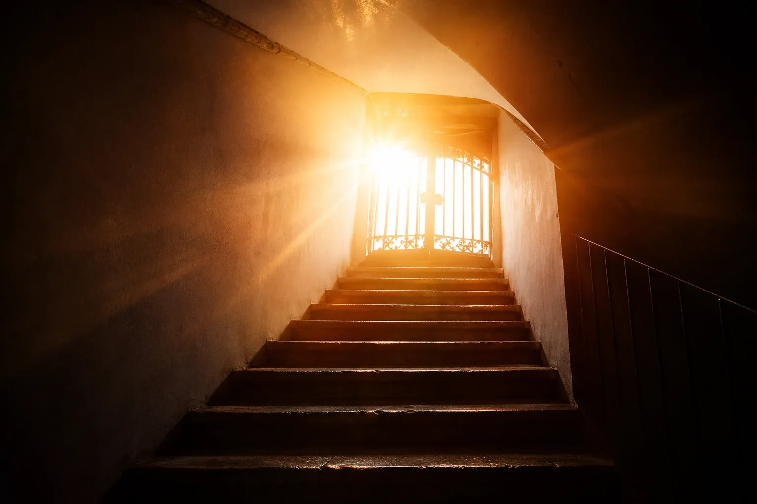  Staircase leading upward to a bright light symbolizing spiritual progress and enlightenment