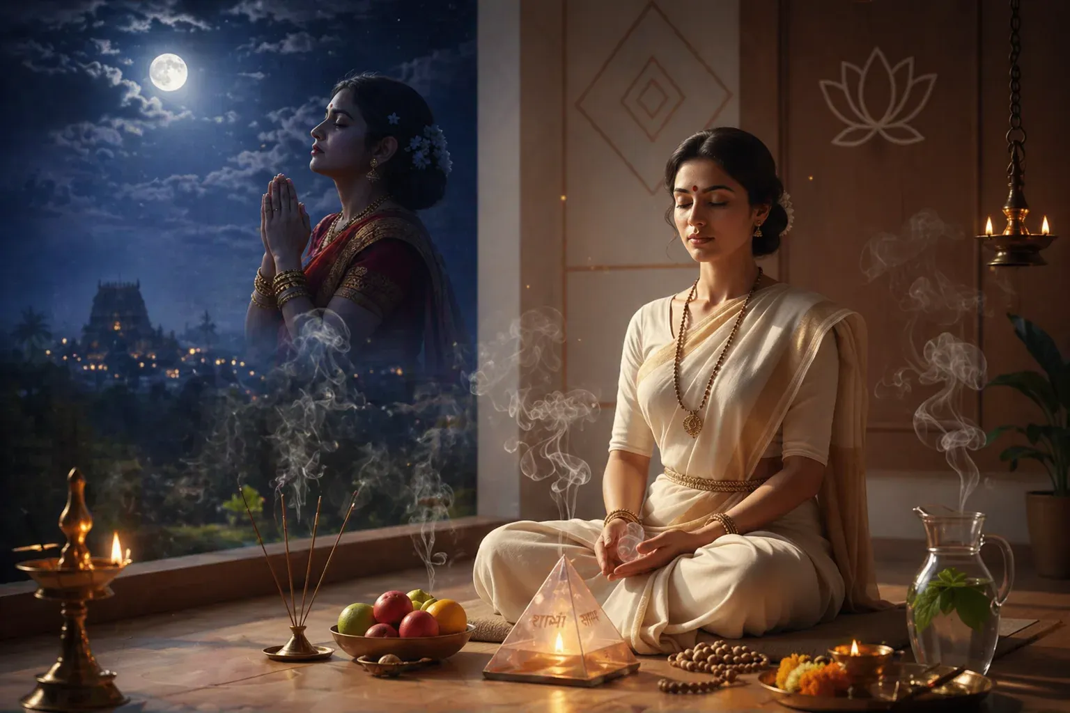  Woman meditating and praying under moonlight representing Kalashtami spiritual practice