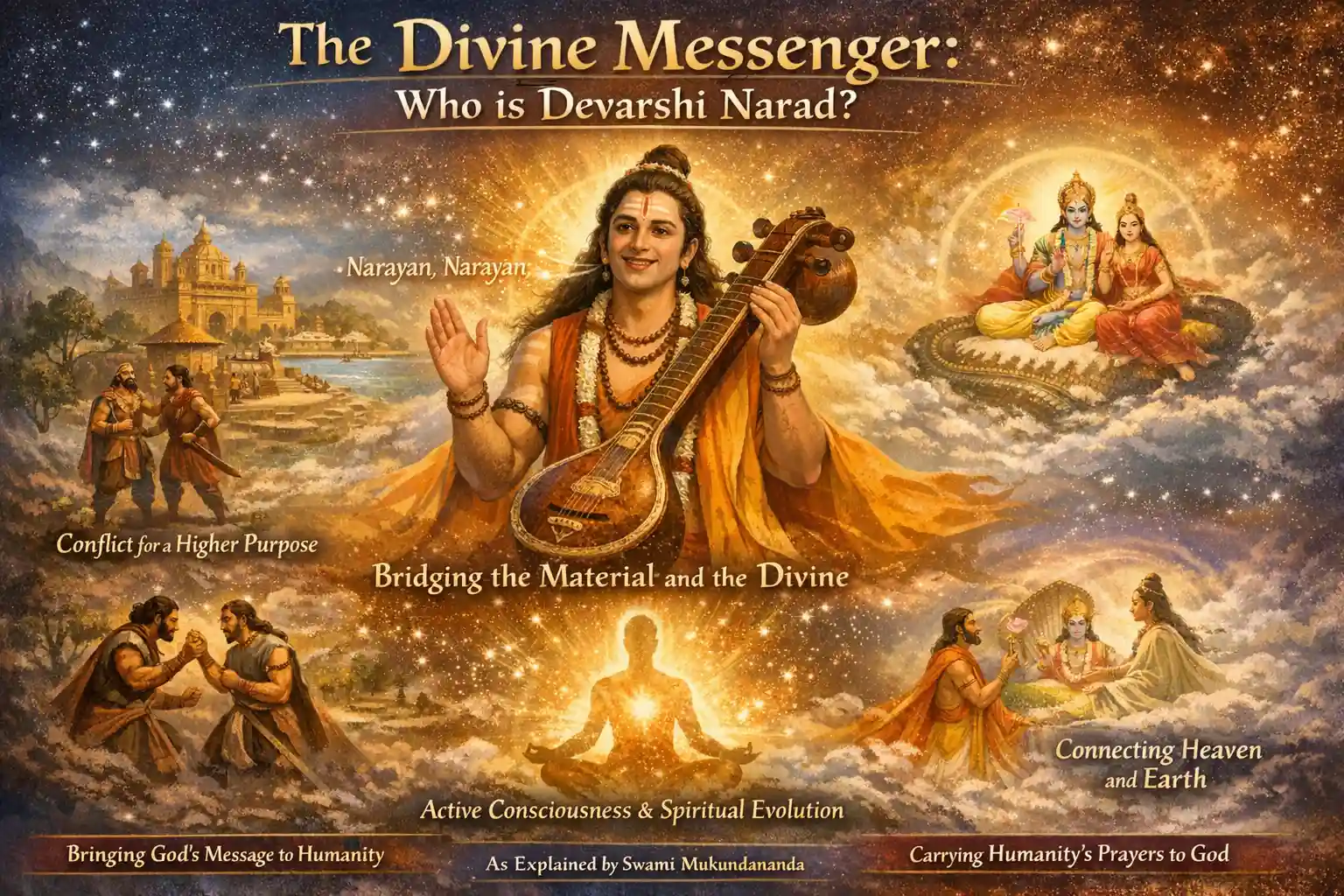 A diagram of who Devarshi Narad Muni is such as being the bridge between the material and divine
