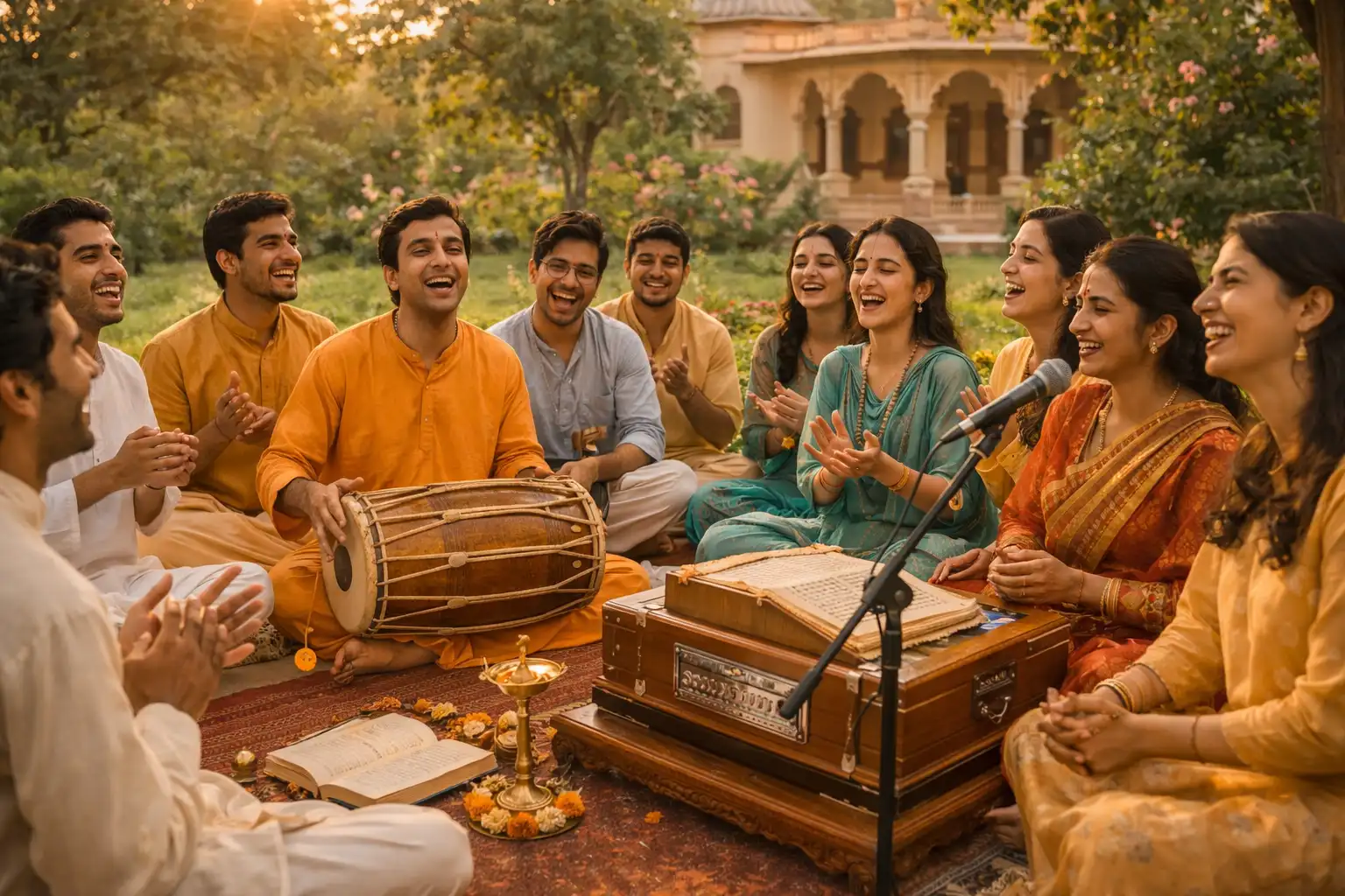 A group of Indian origin devotees singing and chanting with instruments such as the keyboard and dhol in a serene outdoor setting