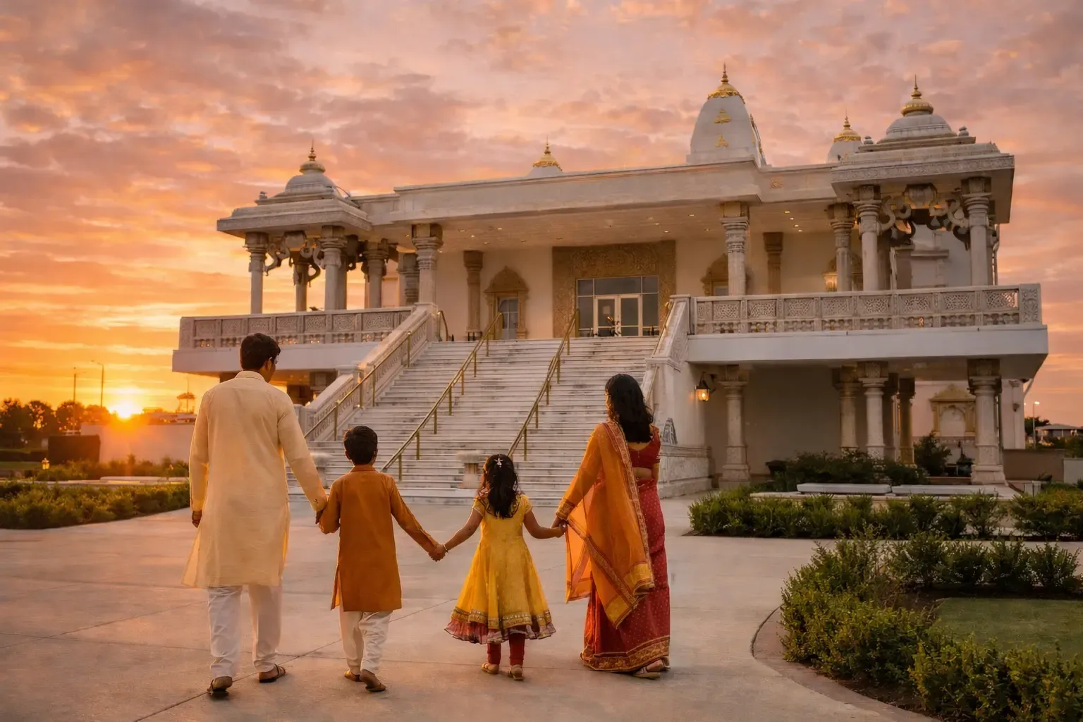 An Indian family walking towards the stairs of the Radha Krishna Temple of Dallas as the sun sets