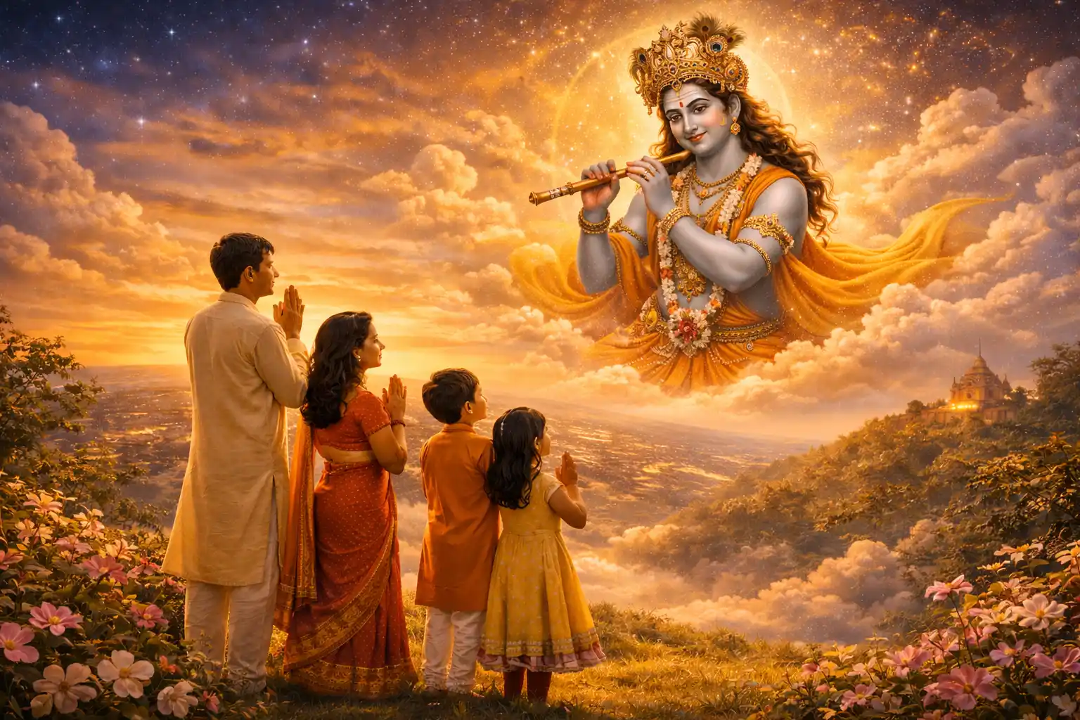 Shree Krishnaji is in the sky with his flute and a family of husband wife and two children standing on top of a hill offer their respects to Him