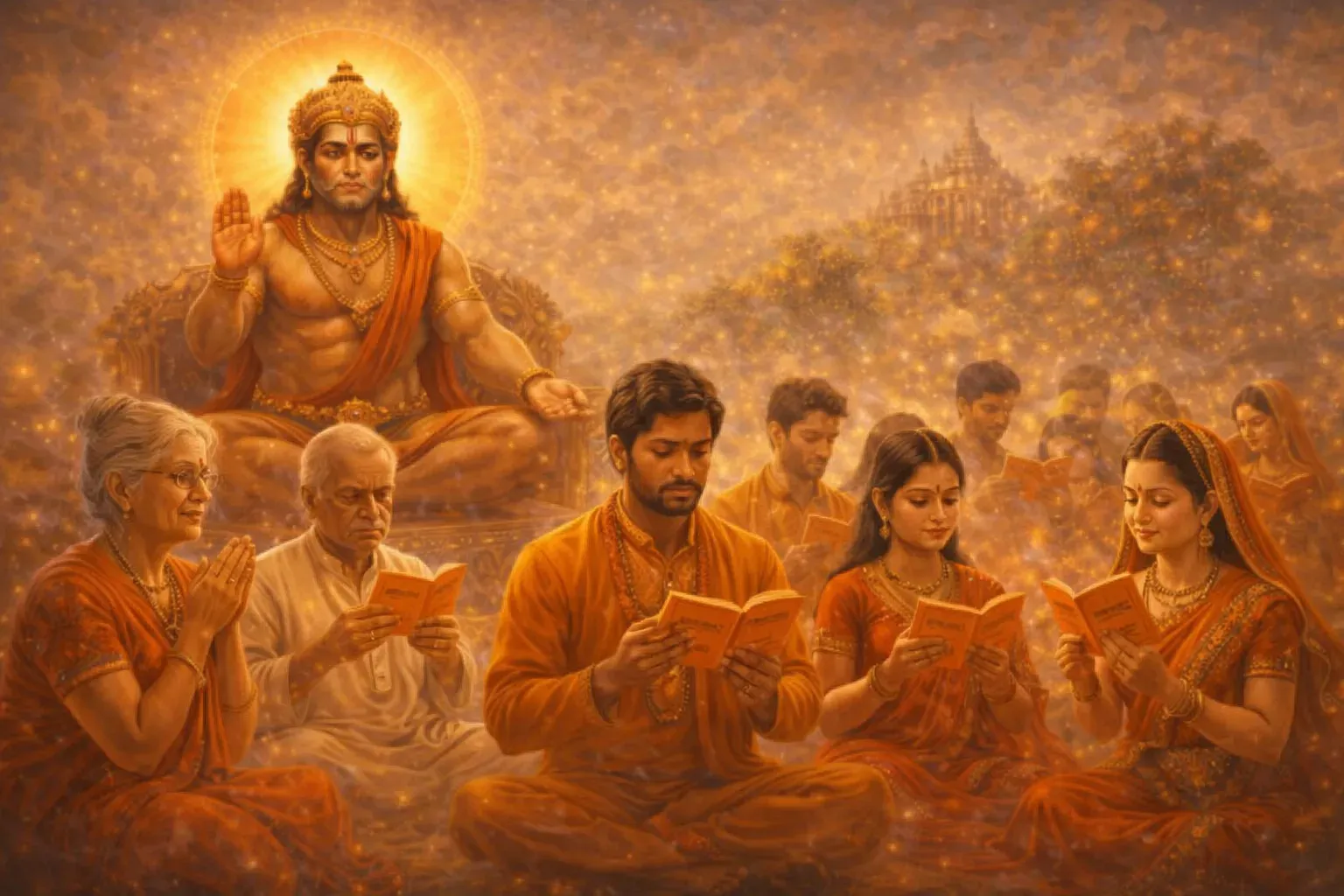 Group of devotees chanting Hanuman Chalisa in temple with Hanuman blessing them.