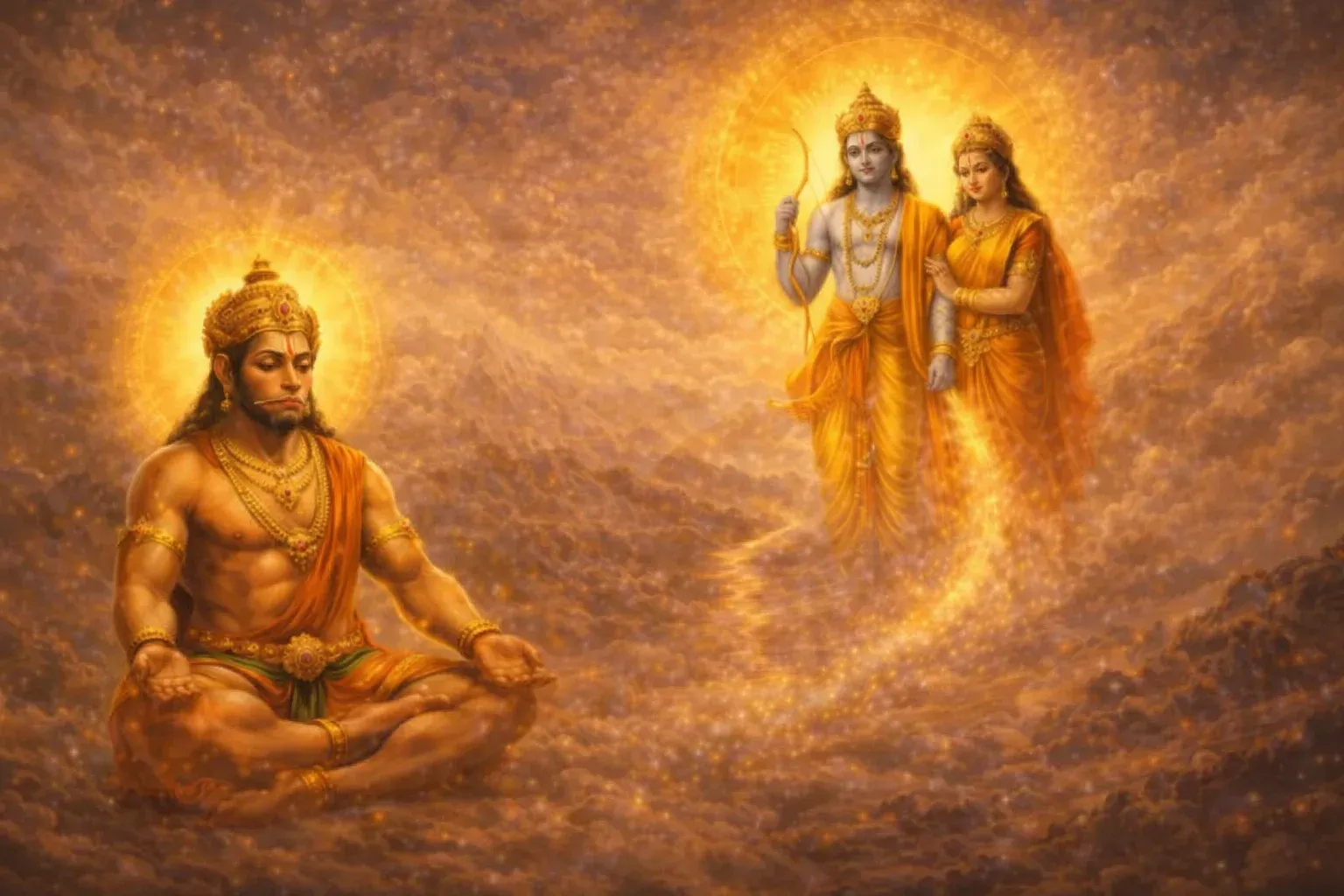 Meditating Hanuman connected by golden light to Lord Ram and Sita in a divine landscape.