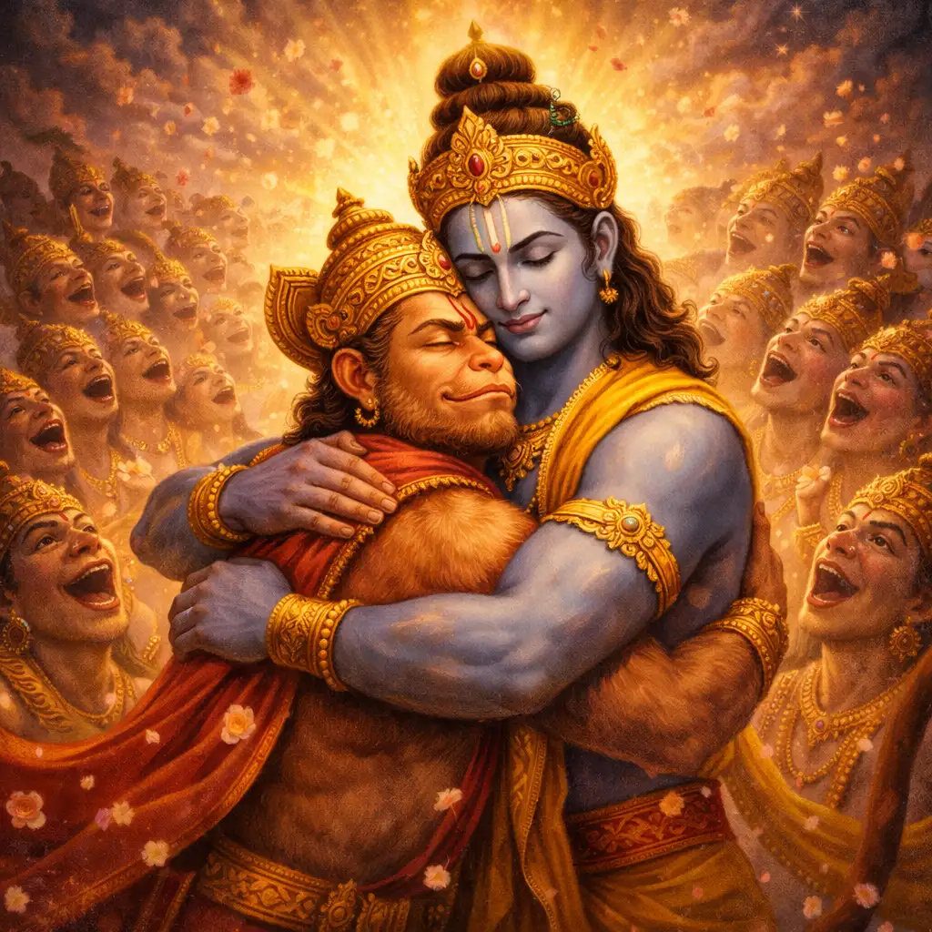 Lord Rama embracing Hanuman surrounded by radiant light and celestial praise.