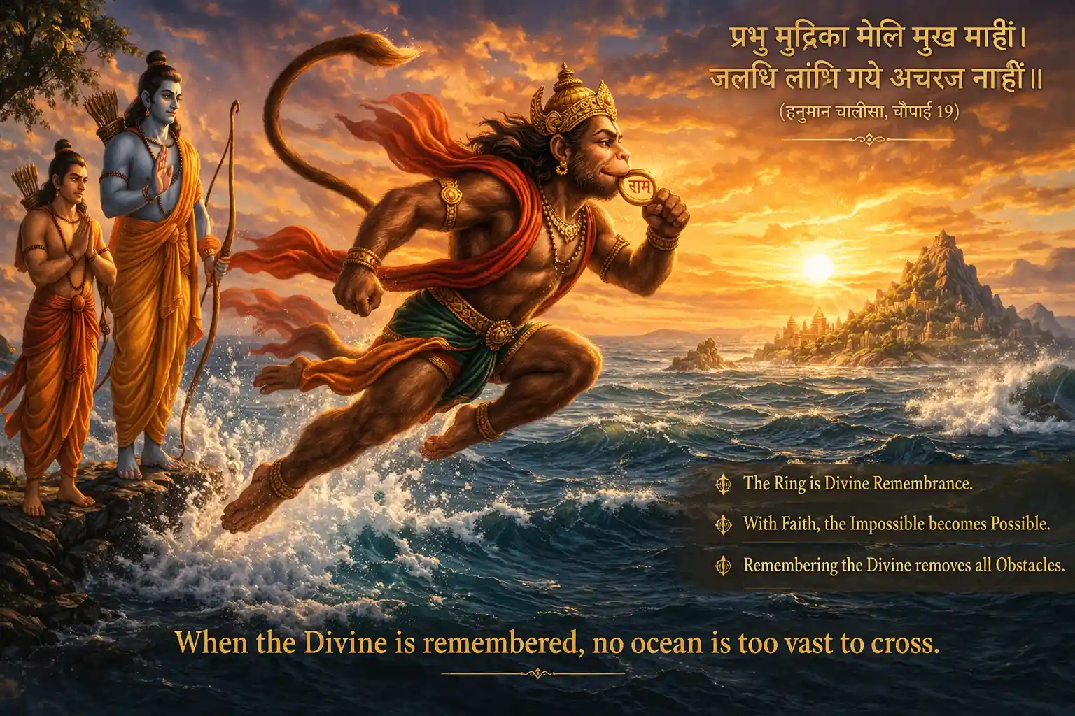 Hanuman flying over the ocean carrying Rama’s ring toward Lanka.