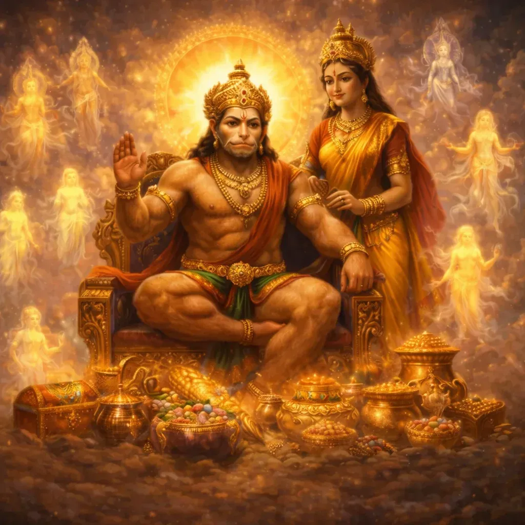 Hanuman seated on a golden throne with Sita, surrounded by treasures and divine light.