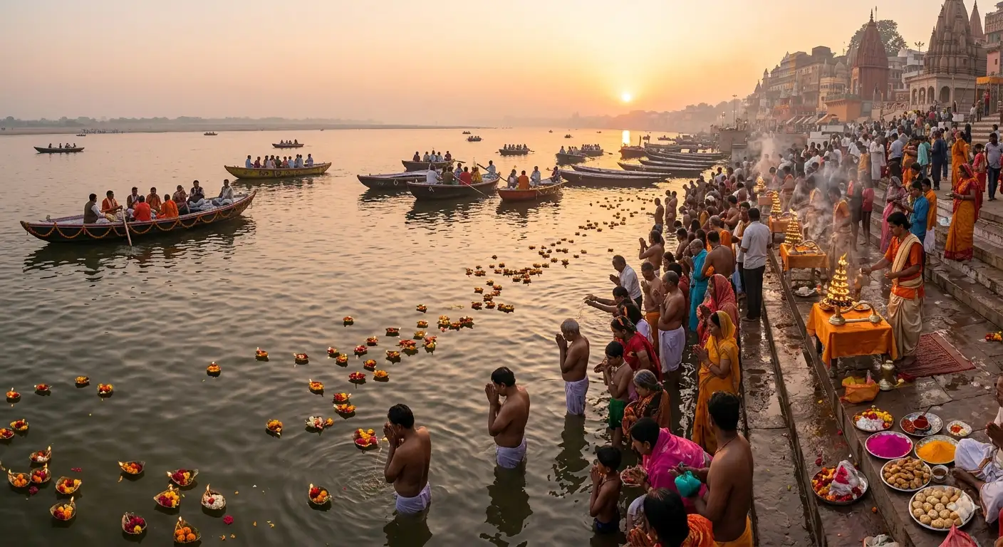 Many people in India bathing and praying to Goddess Ganga while standing in the Holy Ganges River.
