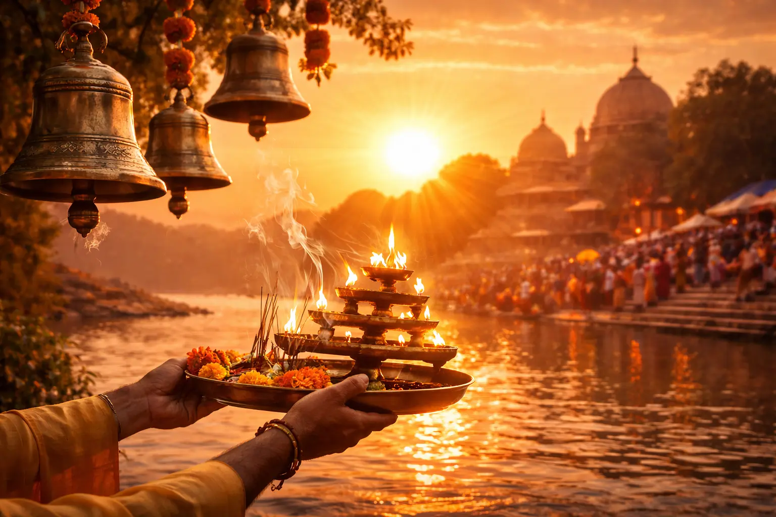 Temple bells and aarti flame held toward rising sun over river with devotees in background.