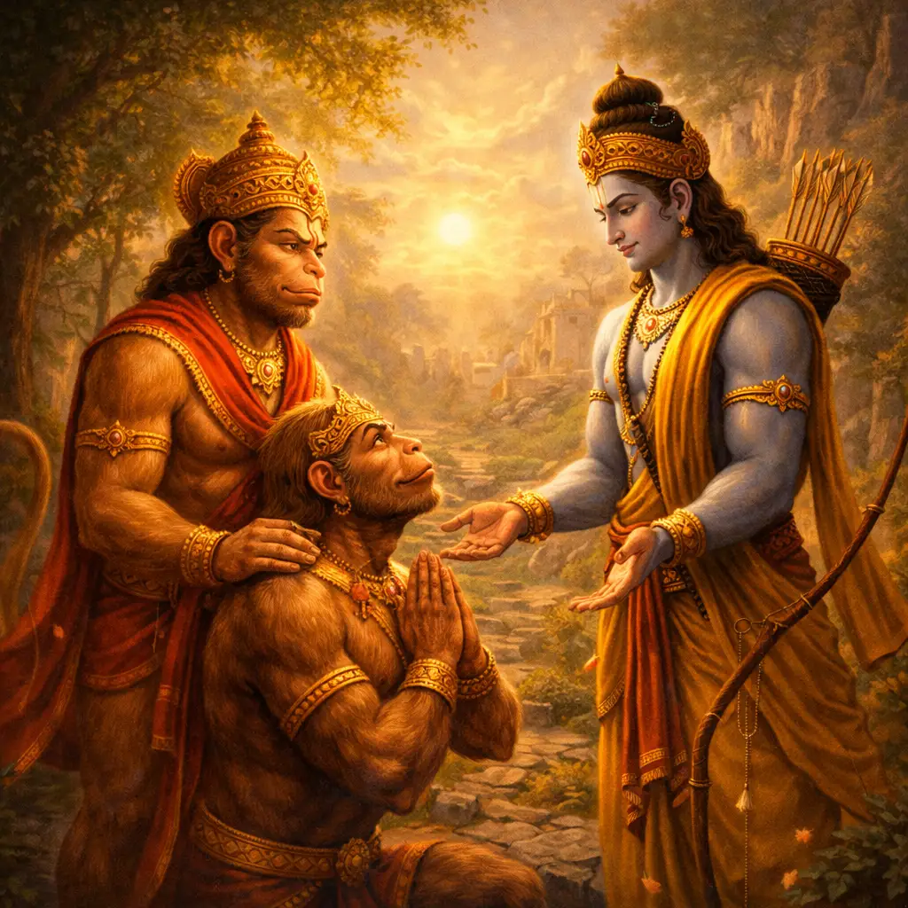 Hanuman introducing Sugriva to Lord Rama in a peaceful forest setting.