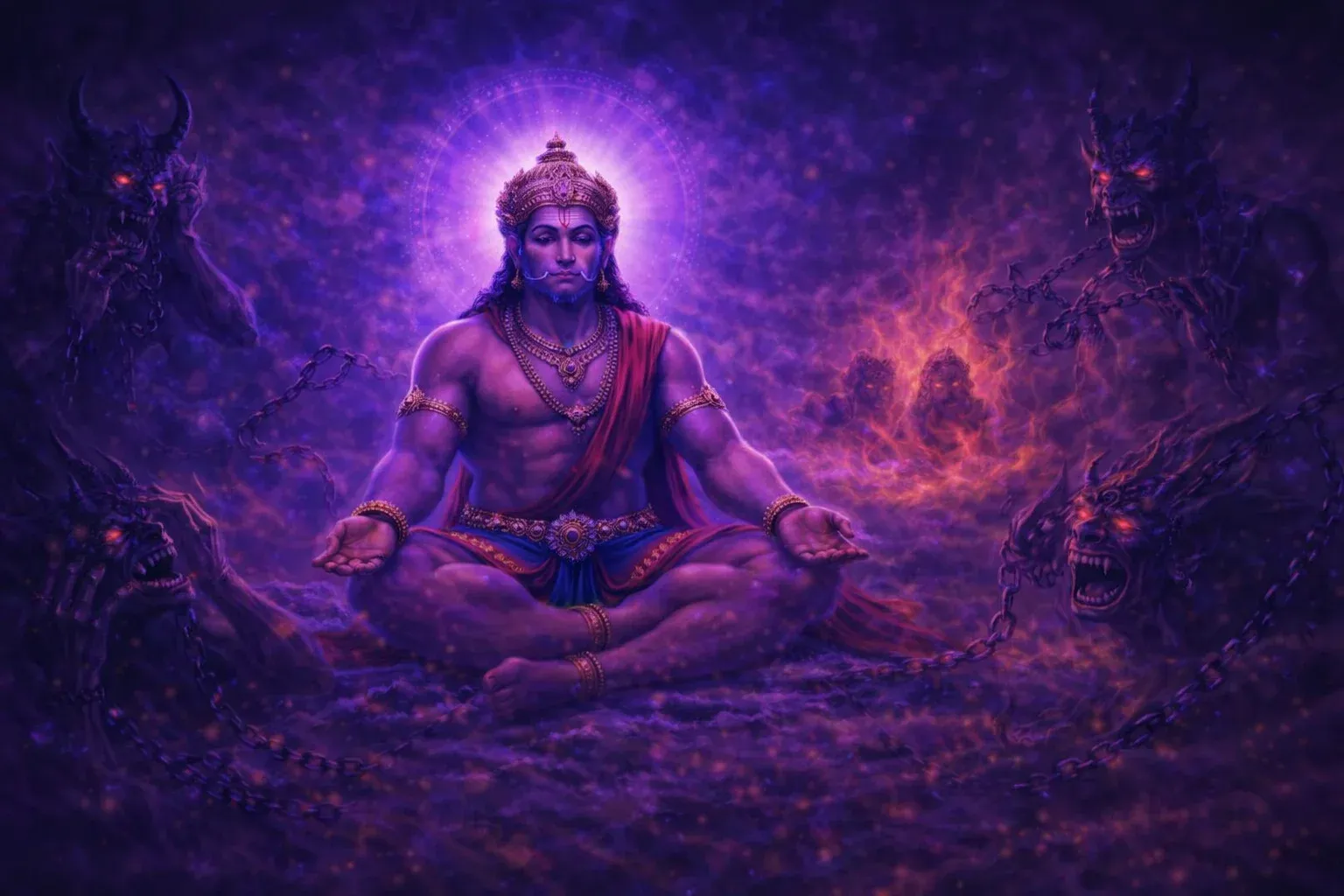  Meditating Hanuman radiating purple light while dark forces fade away around him.