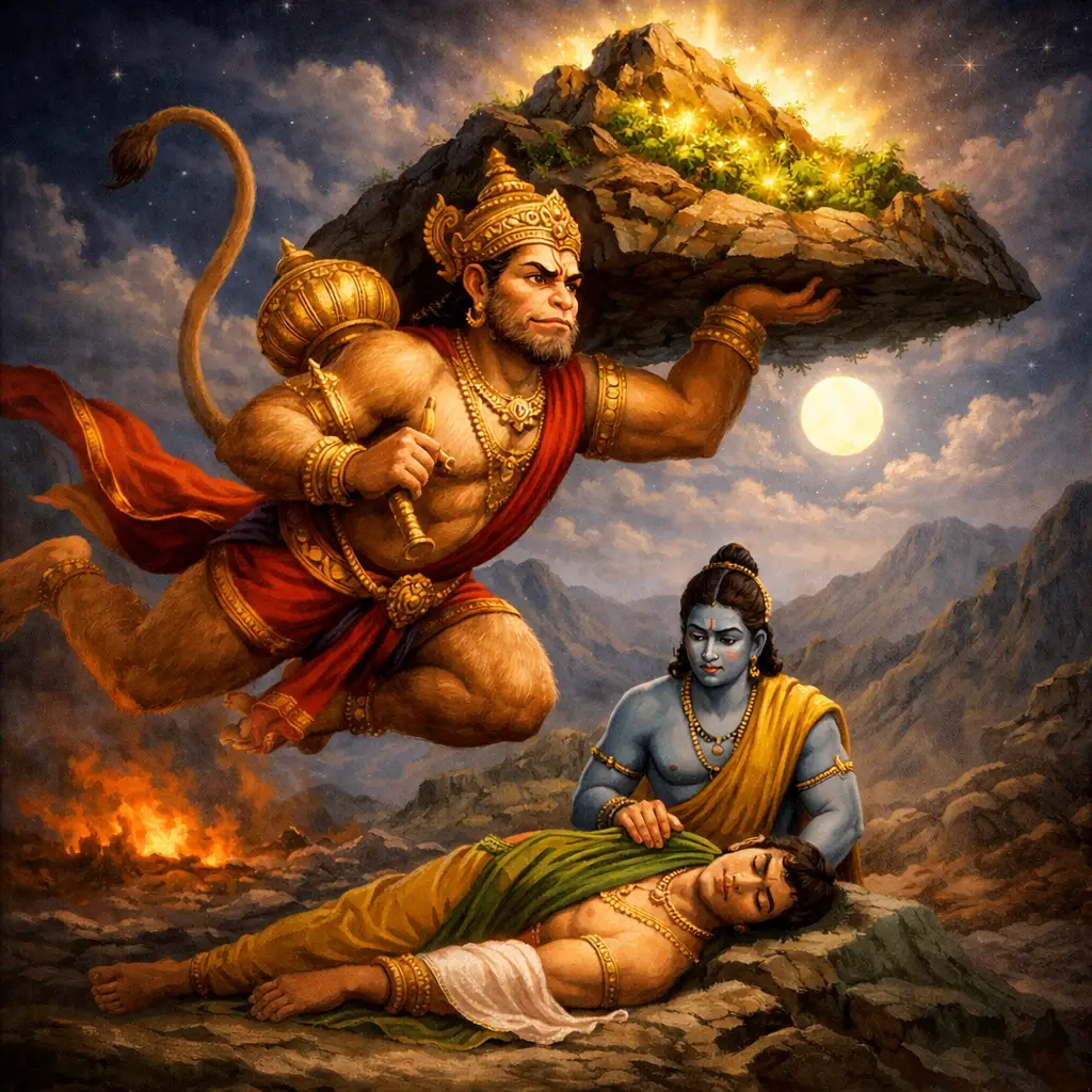 Hanuman flying with Sanjeevani mountain while Rama sits beside unconscious Lakshman on battlefield.