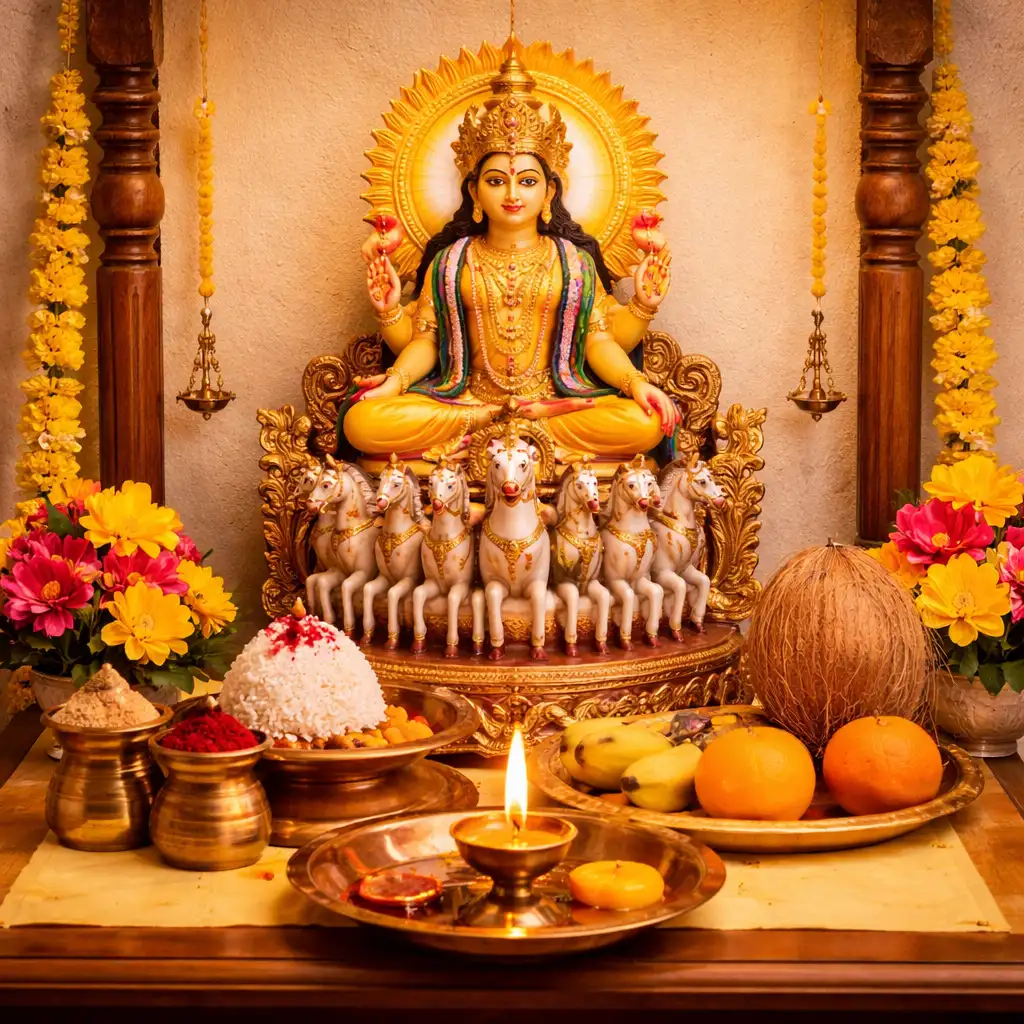 Home altar with Lord Surya idol, flowers, fruits, and a lighted diya arranged for puja.