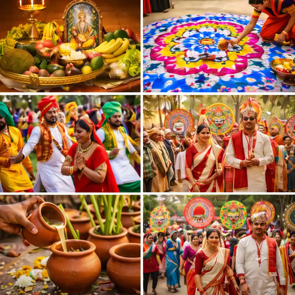 Collage showing Vishu kani, Puthandu kolam, Baisakhi dance, Pohela Boishakh, and Pana drink celebrations.