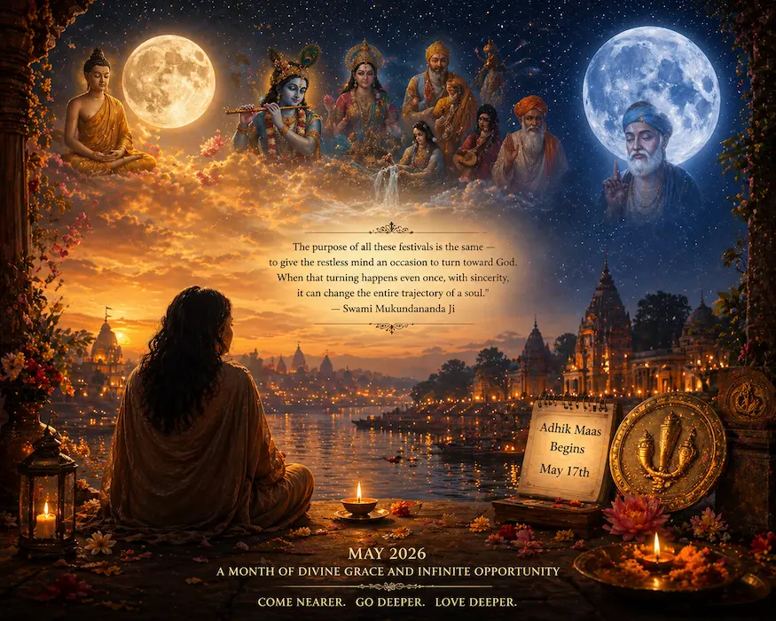 Devotee sitting by a river under two full moons with a diya, surrounded by temples and divine figures in a serene night scene.