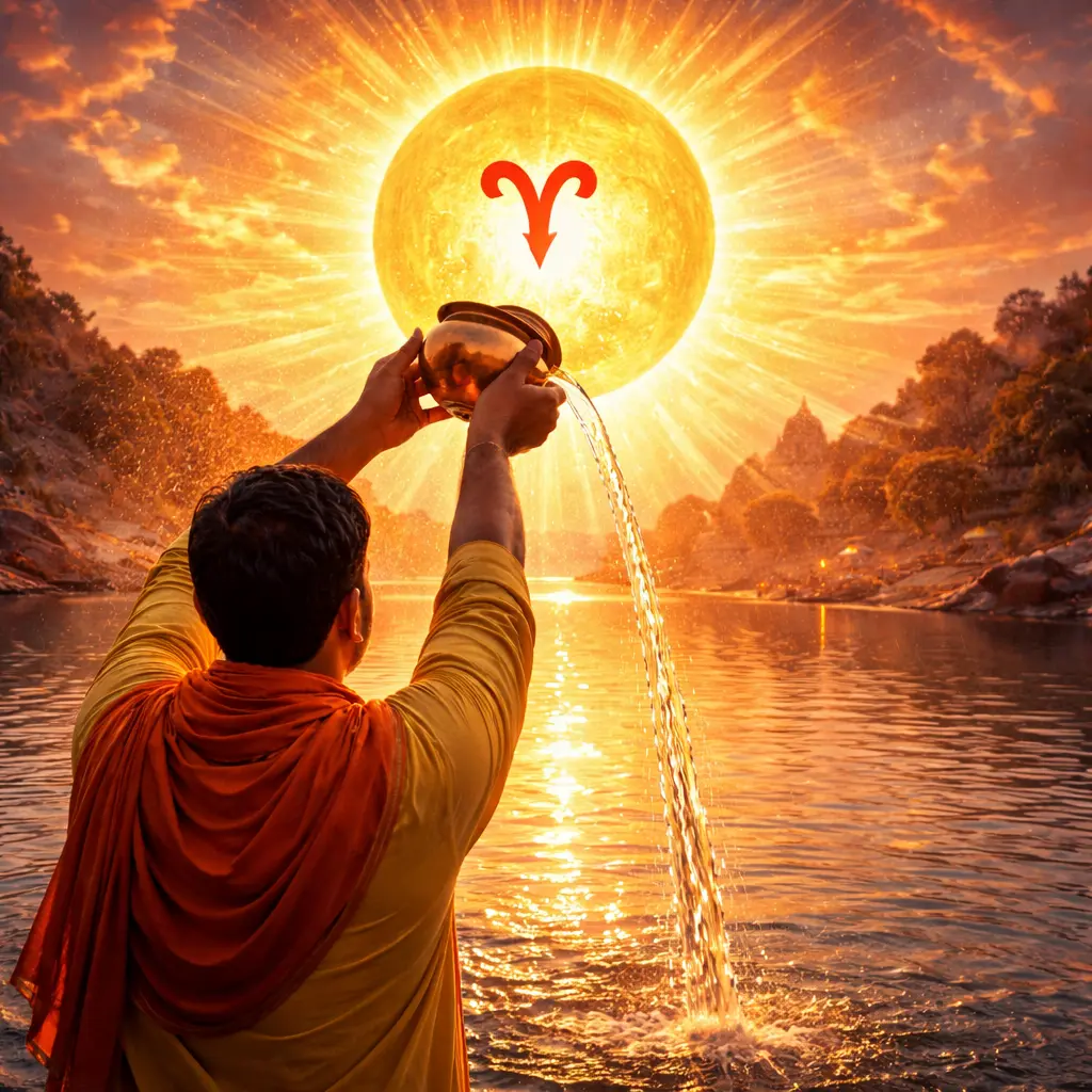 Person offering water to bright Sun with Aries symbol during Surya Arghya at sunrise.