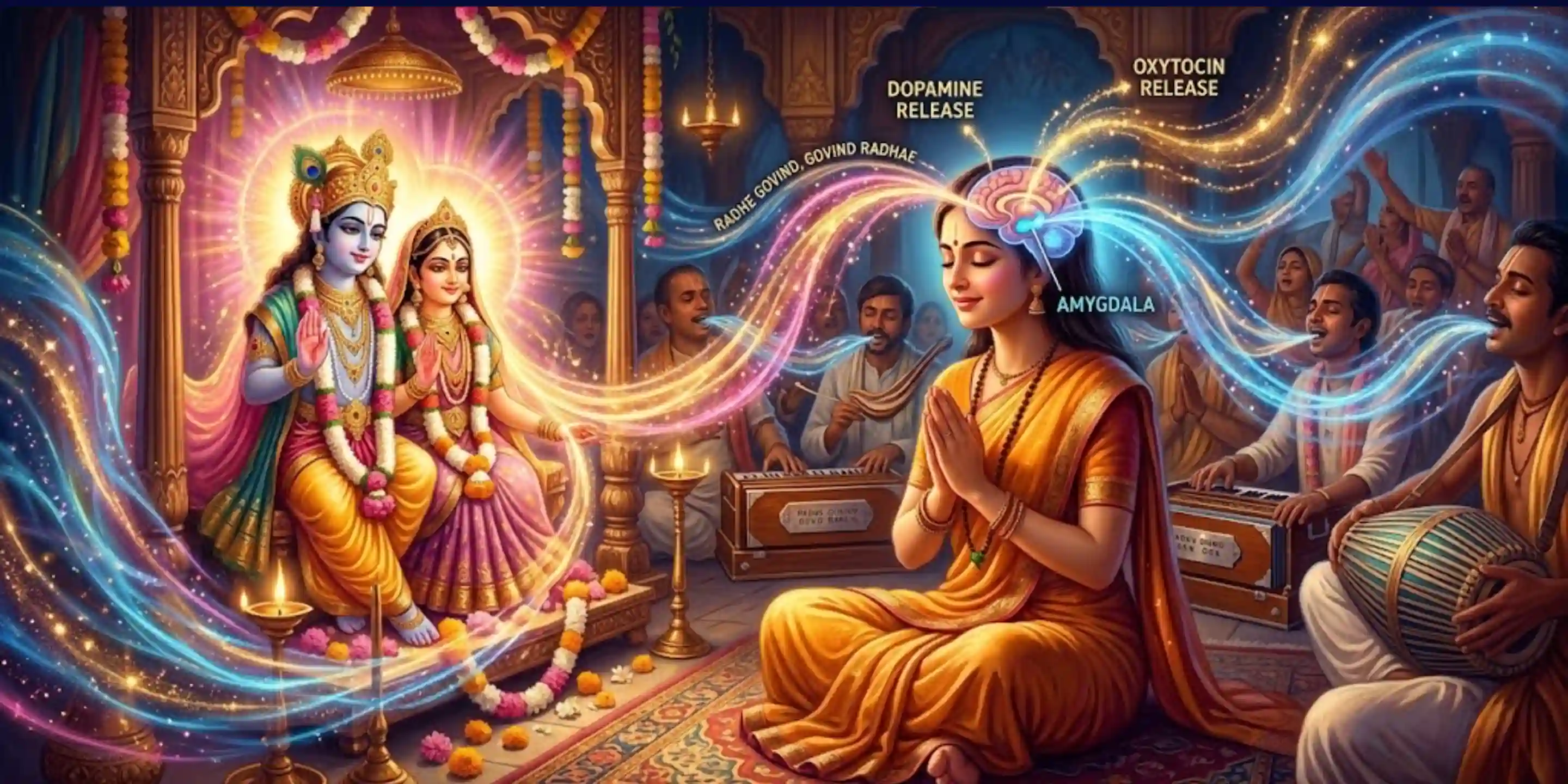 Chanting mantras in kirtan calms fear and releases joy-bonding chemicals.