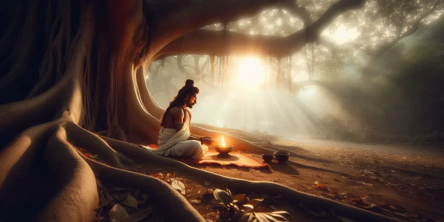 A devotee under tree in silence practicing rituals .