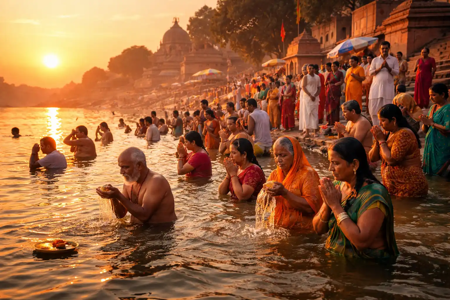People in traditional clothes taking holy dip in river at sunrise with prayers on ghat.