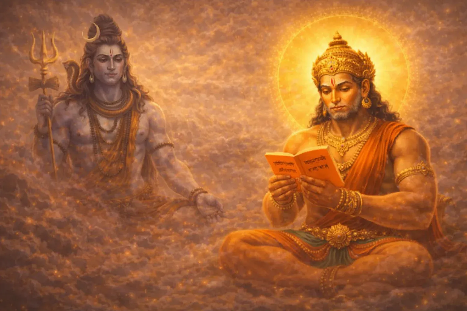 Hanuman reading a scripture with glowing halo while Lord Shiva appears beside him in a golden celestial background.